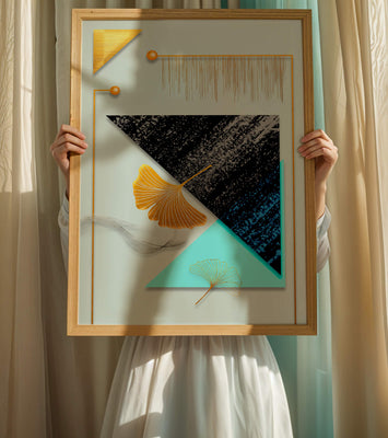 Abstract Composition with Geometric Shapes and Gold Ginkgo Leaves