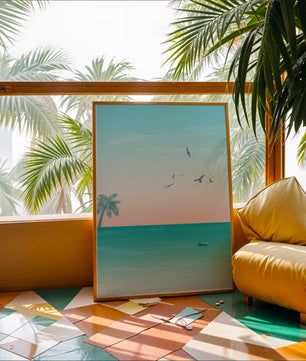 Serene Beach Landscape with Palm Trees and Seagulls at Sunset