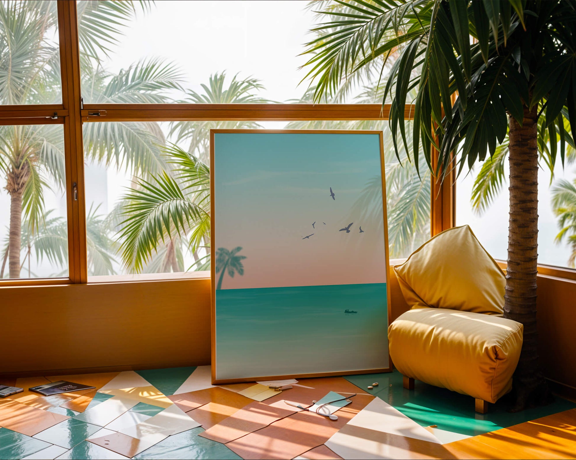 Serene Beach Landscape with Palm Trees and Seagulls at Sunset