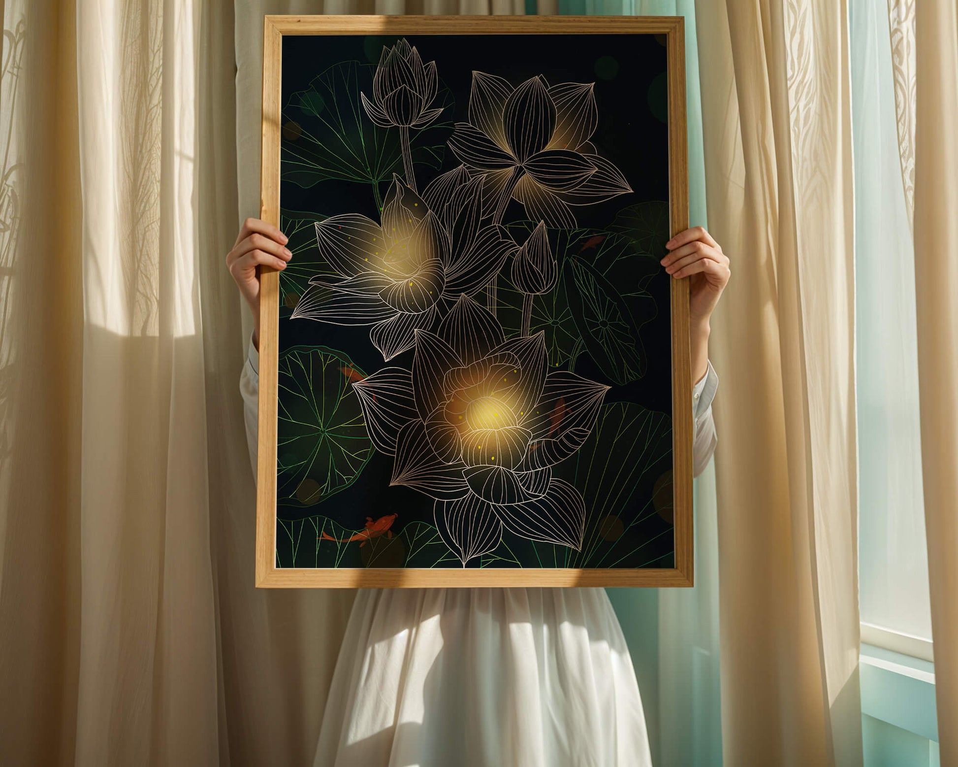 Flores de loto con detalles luminosos y peces koi bajo el agua