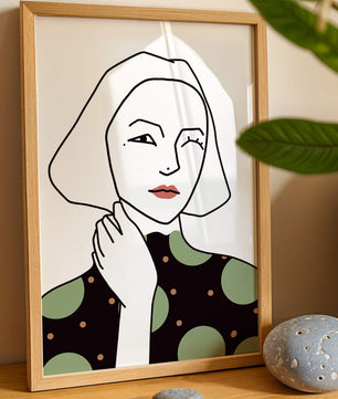 Modern Minimalist Portrait of a Winking Woman in Green Polka Dot Dress - Mi tienda