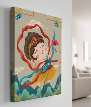 Whimsical illustration of a joyful child deity with lotus and clouds