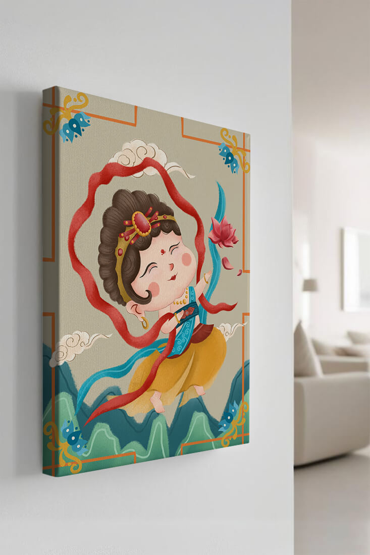 Whimsical illustration of a joyful child deity with lotus and clouds