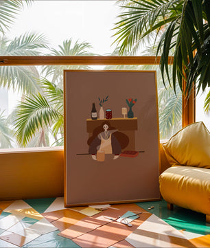 Escena acogedora con mujer junto a la chimenea y elementos decorativos