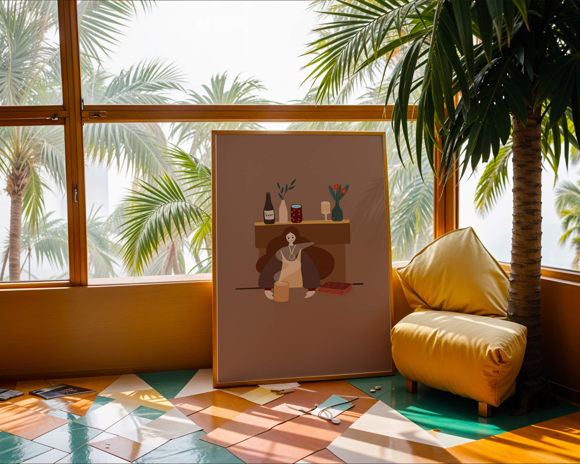 Escena acogedora con mujer junto a la chimenea y elementos decorativos