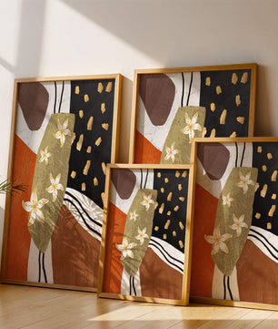 Abstract floral artwork with gold accents and earthy tones