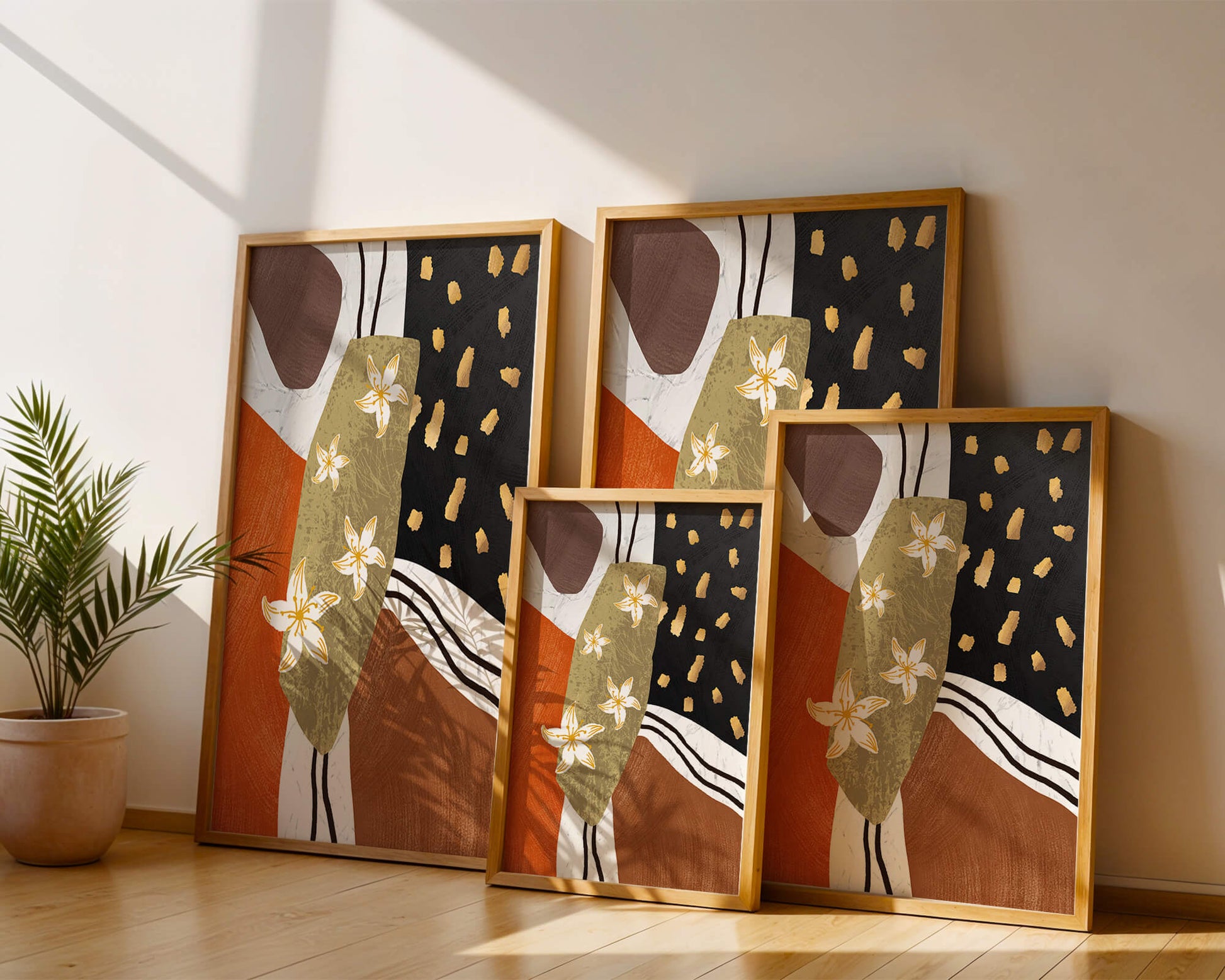 Abstract floral artwork with gold accents and earthy tones