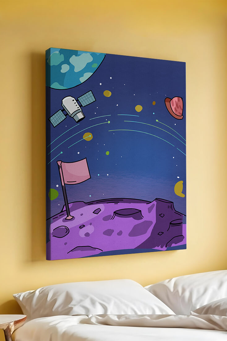 Illustration of outer space scene with planets and satellite