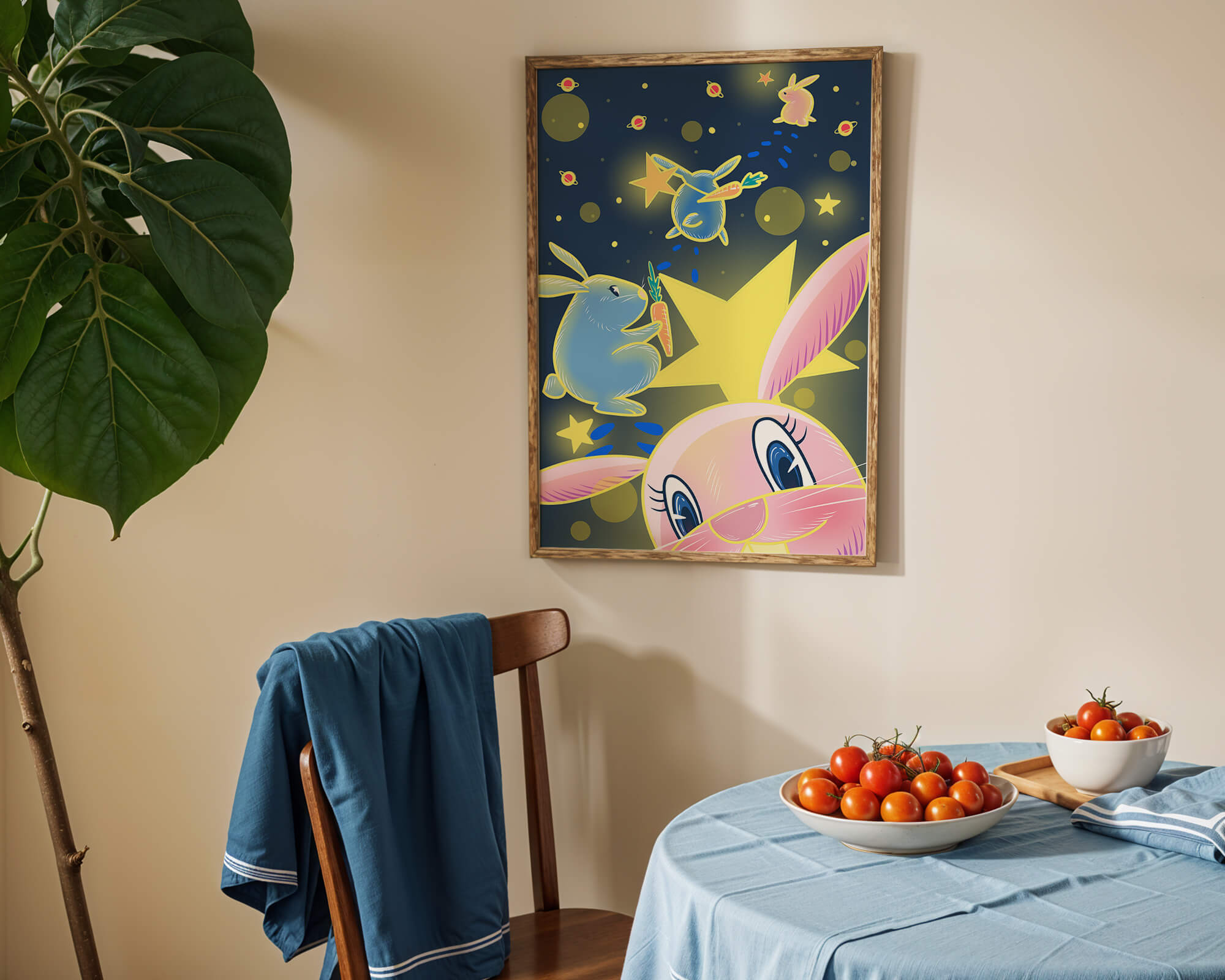 Playful bunnies with carrots and stars in a whimsical space scene