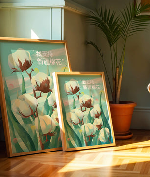 Ilustración de plantas de algodón con texto de apoyo en chino