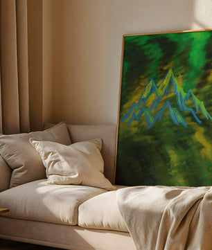 Abstract mountain landscape with vibrant colors and geometric lines