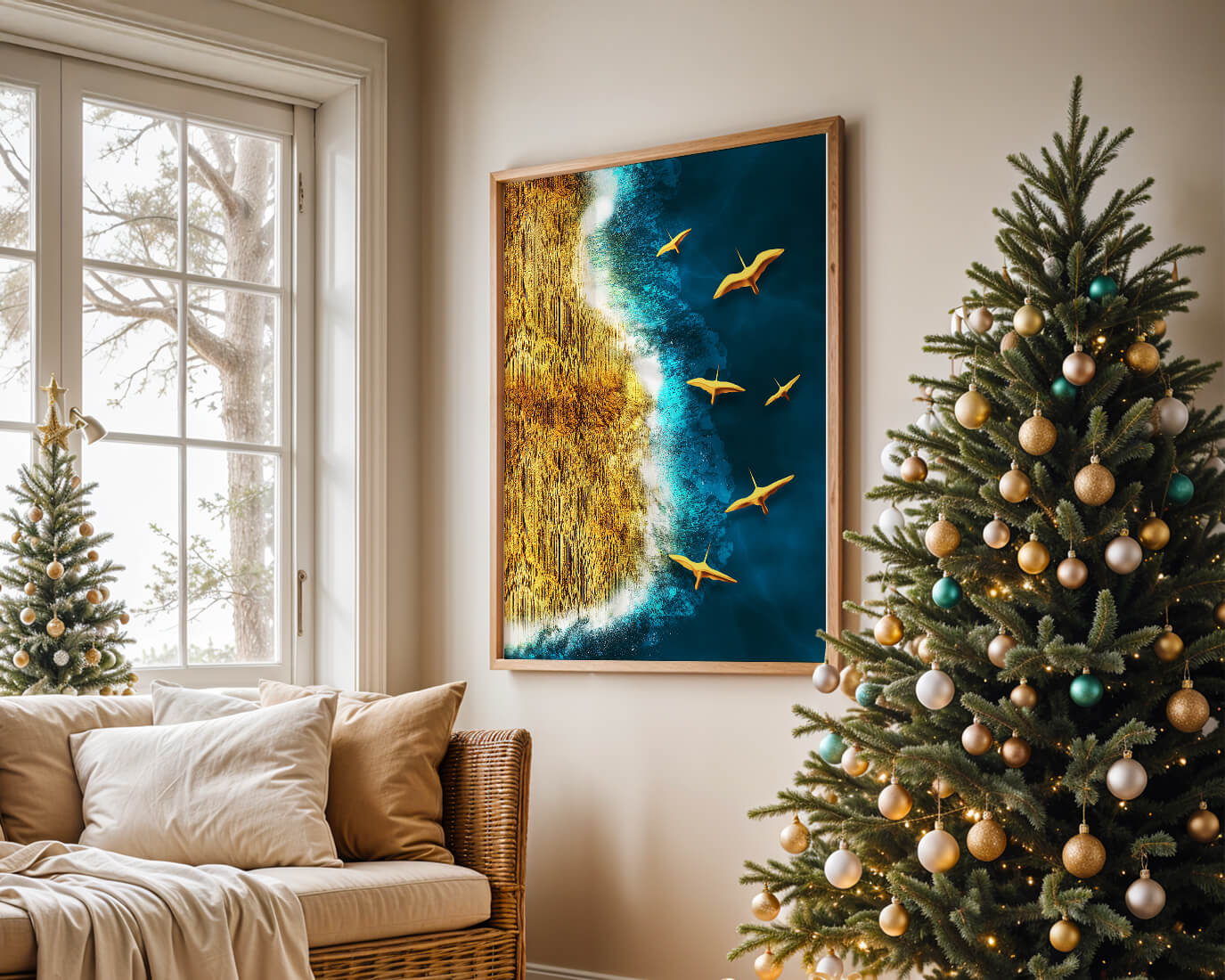 Golden beach landscape with vibrant ocean and flying seabirds