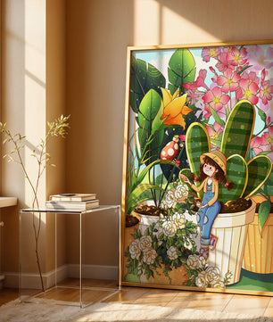 Charmante scène de jardin avec une jeune fille et des fleurs éclatantes