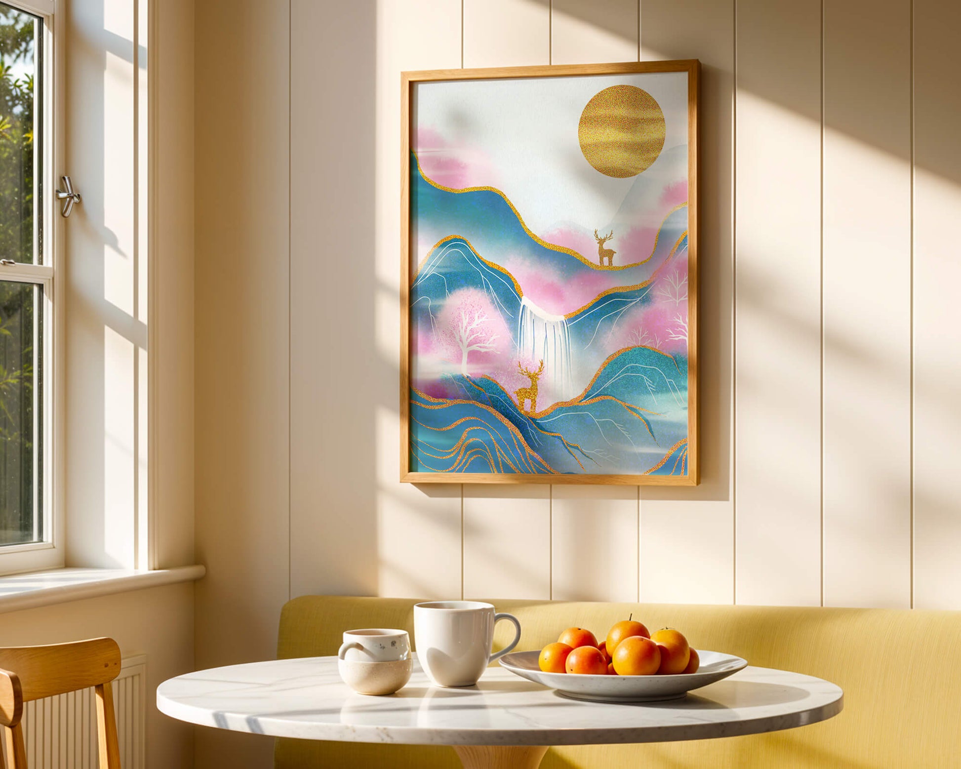 Golden deer in a pastel mountain landscape with pink skies