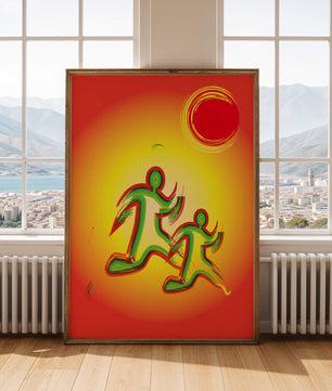 Abstract colorful figures under a vibrant sun with warm tones
