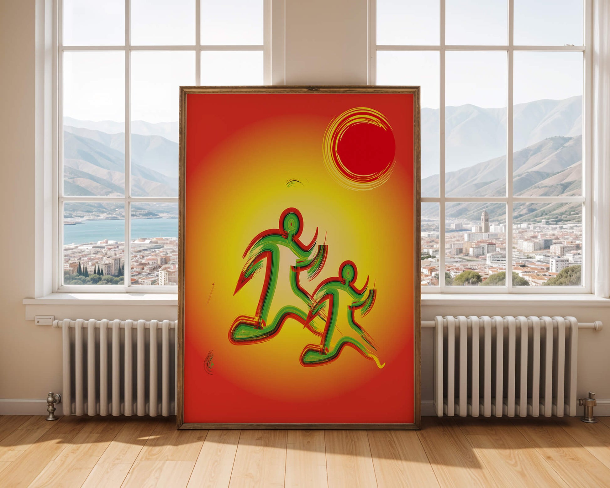 Abstract colorful figures under a vibrant sun with warm tones