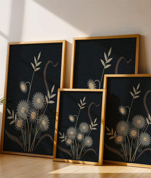 Abstract floral design with intricate patterns on dark background