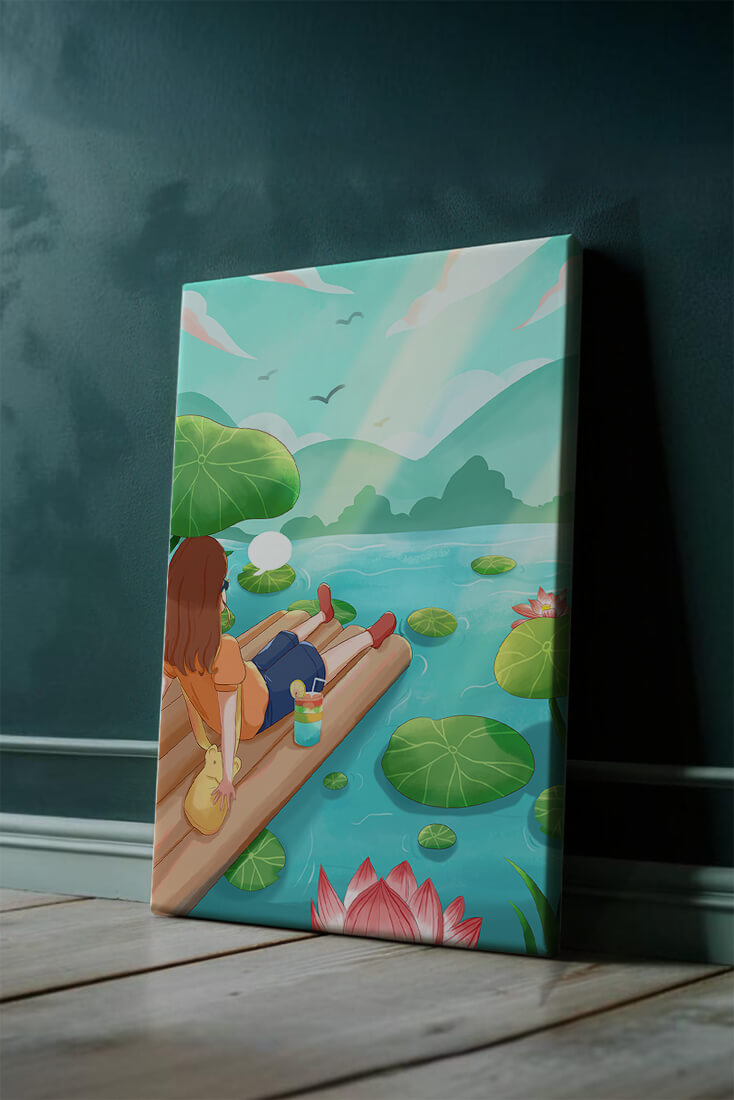 Peaceful lake scene with raft and relaxing atmosphere