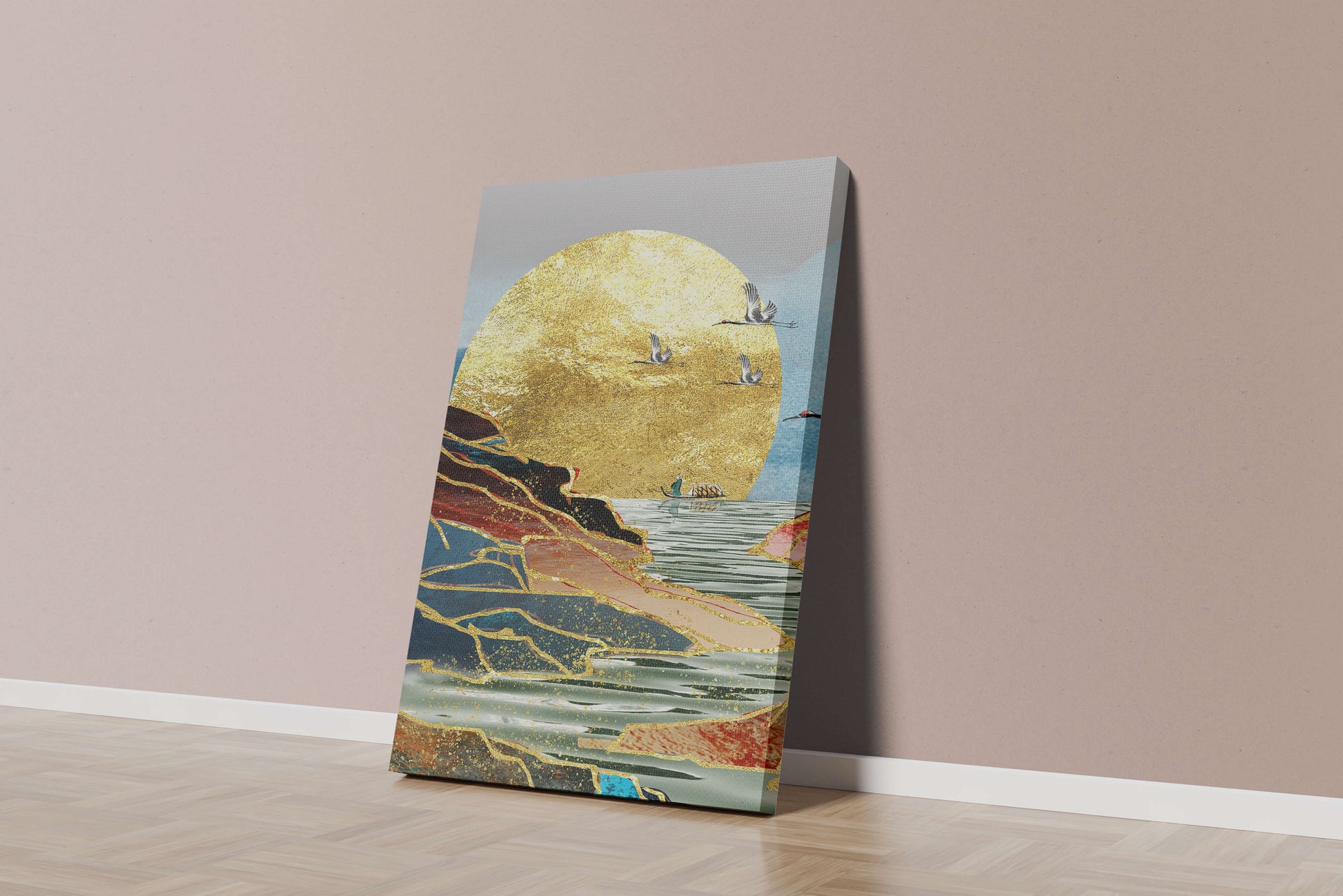 Majestic Golden Sun with Birds over Serene Landscape