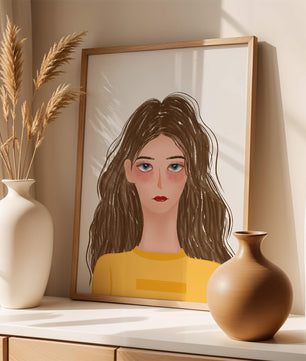 Illustrated portrait of a woman with long brown hair and expressive eyes