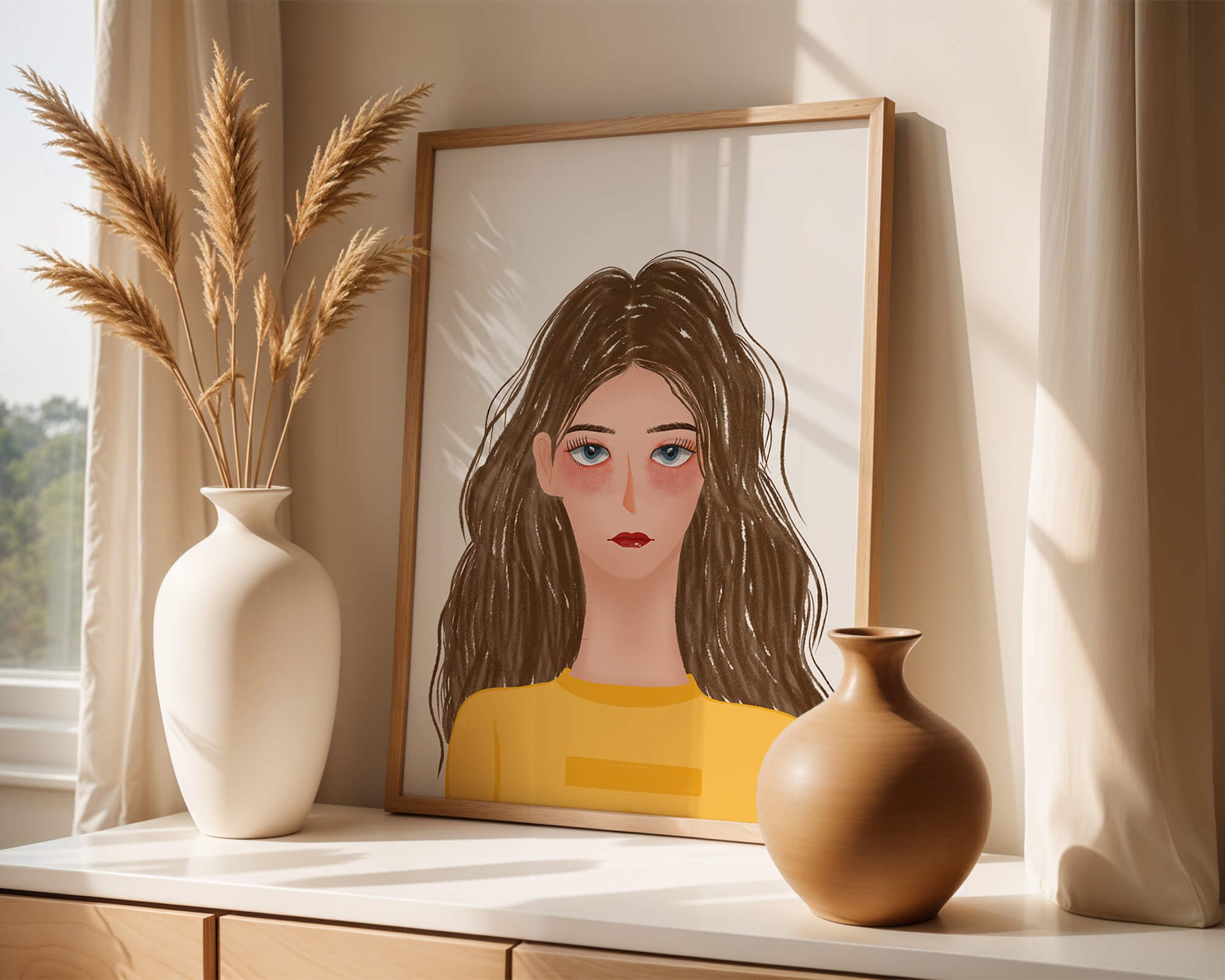 Illustrated portrait of a woman with long brown hair and expressive eyes