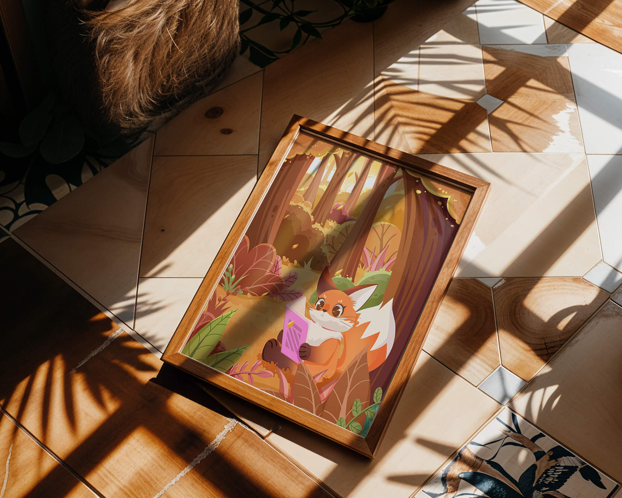Fox reading a book in a whimsical autumn forest