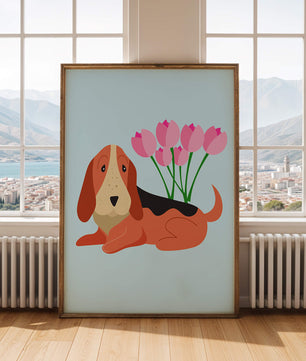 Illustration eines Basset Hound mit rosa Blumen auf hellblauem Hintergrund