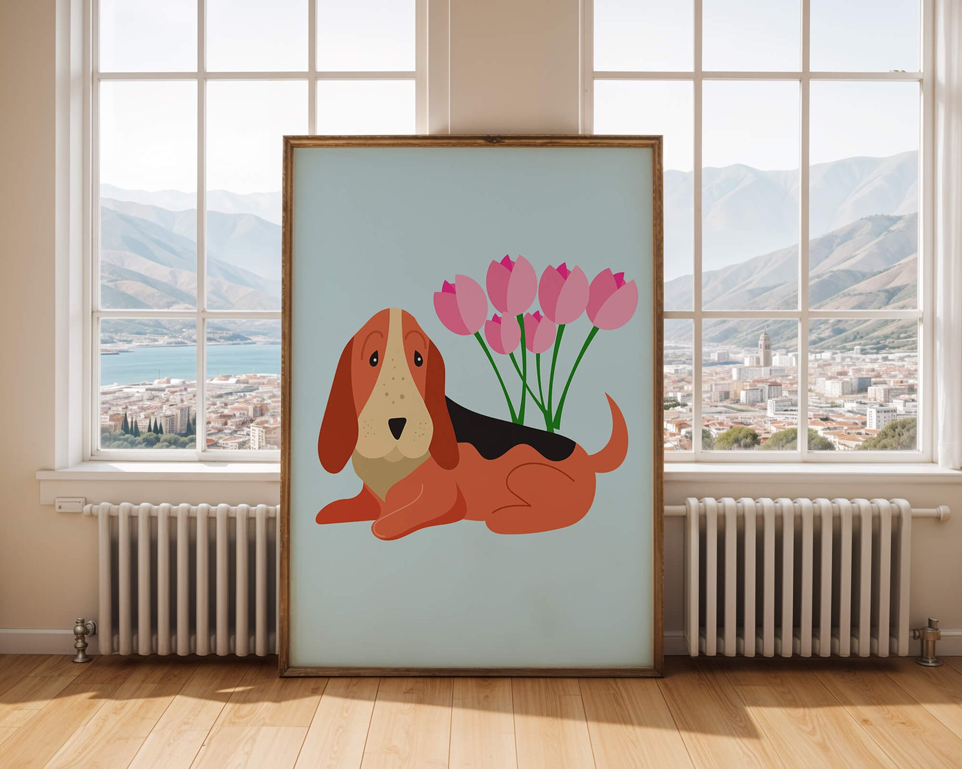 Illustration eines Basset Hound mit rosa Blumen auf hellblauem Hintergrund