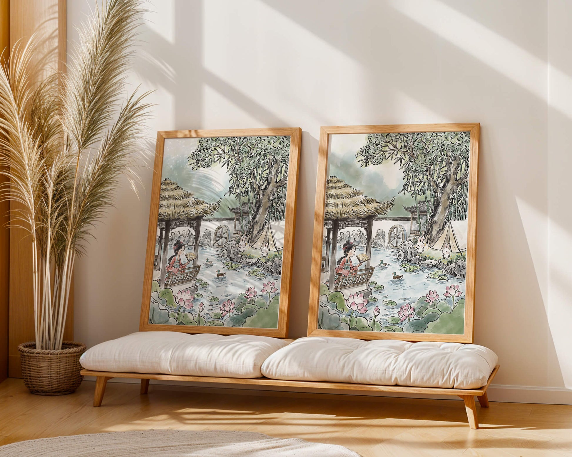 Escena tranquila de jardín con mujer, patos y conejos en un entorno tradicional