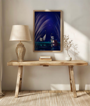 Serene night scene with graceful cranes and a magical boat ride