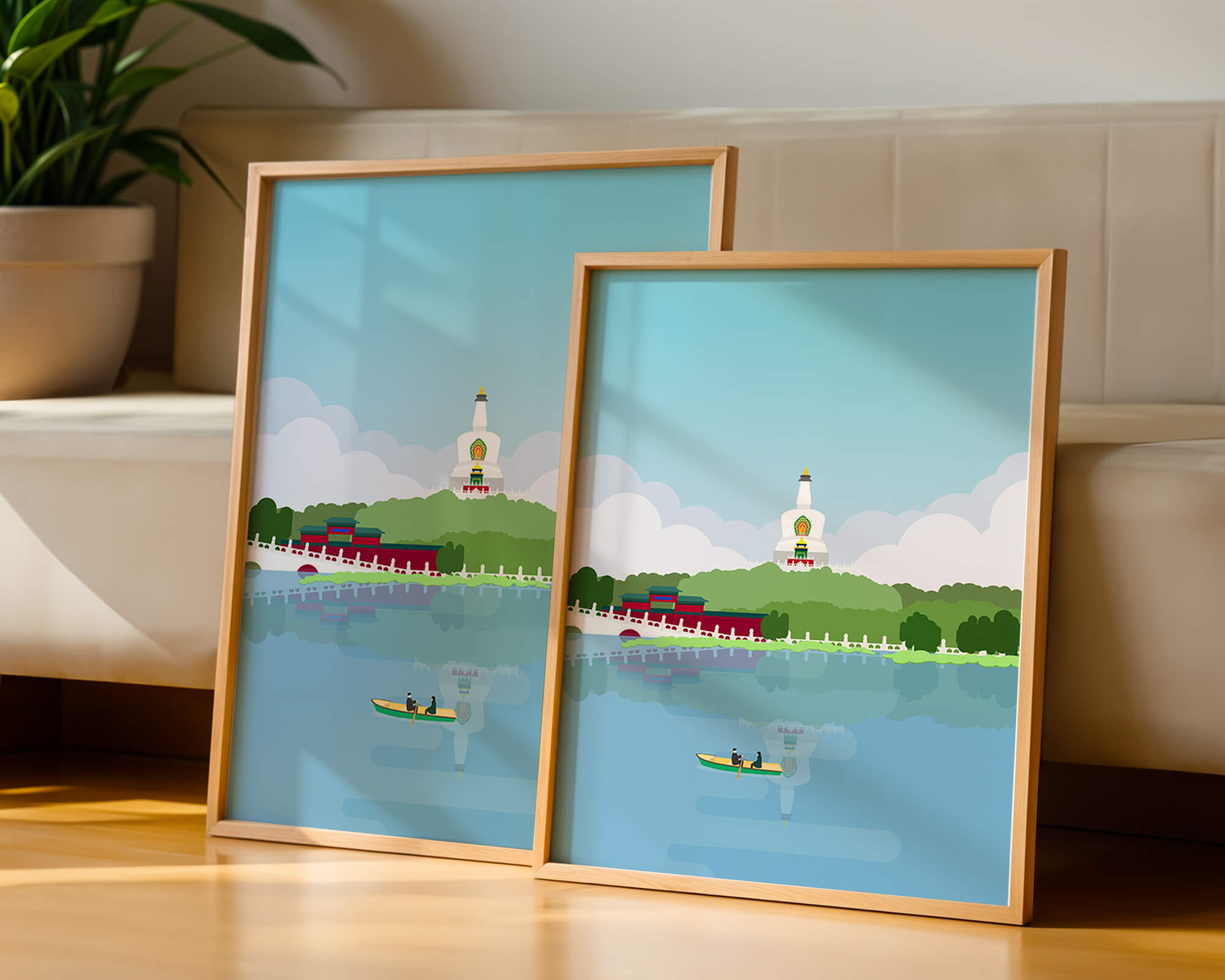 Serene lake scene with pagoda and rowing boat