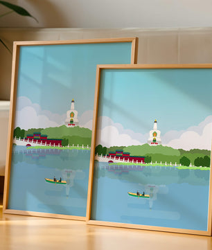 Escena de lago sereno con pagoda y bote de remos