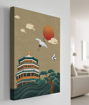 Traditional Asian artwork with cranes and pagoda under a red sun