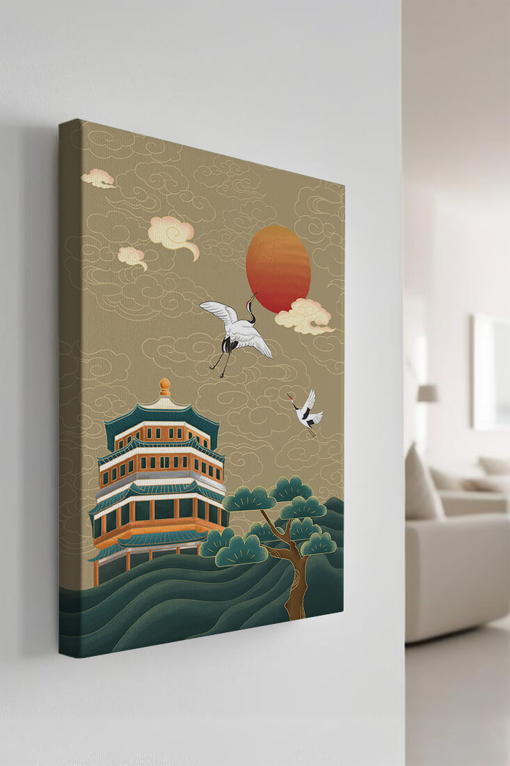 Obra de arte asiática tradicional con grullas y pagoda bajo un sol rojo