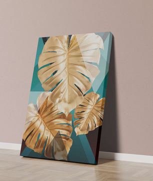 Blätter der Goldenen Monstera auf geometrischem Hintergrund