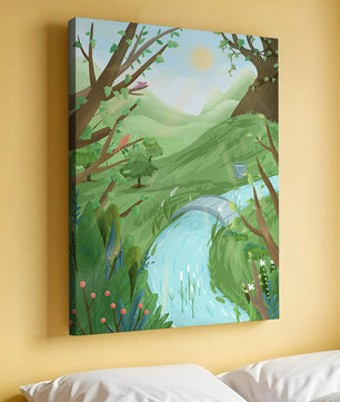 Serene Landscape with Birds and River under Sunny Sky