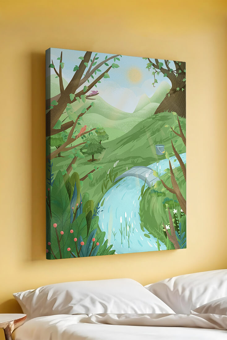 Paisaje sereno con aves y río bajo un cielo soleado