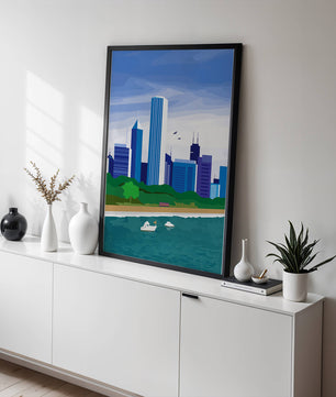 Paisaje urbano moderno con skyline y frente al agua en un estilo vibrante