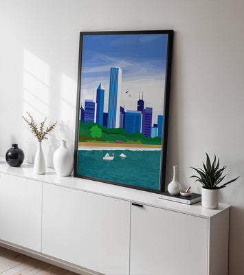 Modern cityscape with skyline and waterfront in a vibrant style