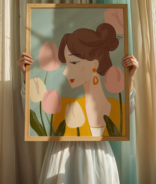 Serene woman surrounded by pastel tulips illustration