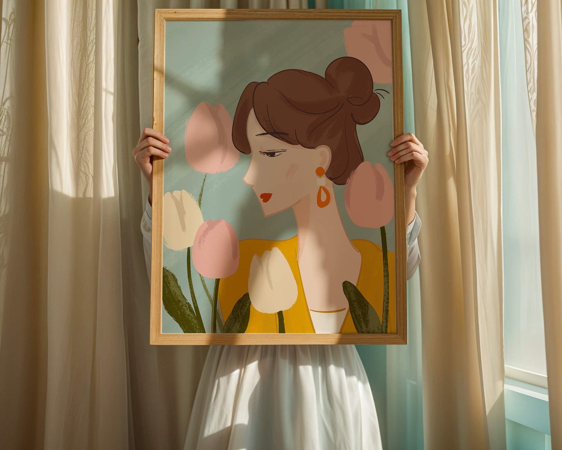 Serene woman surrounded by pastel tulips illustration