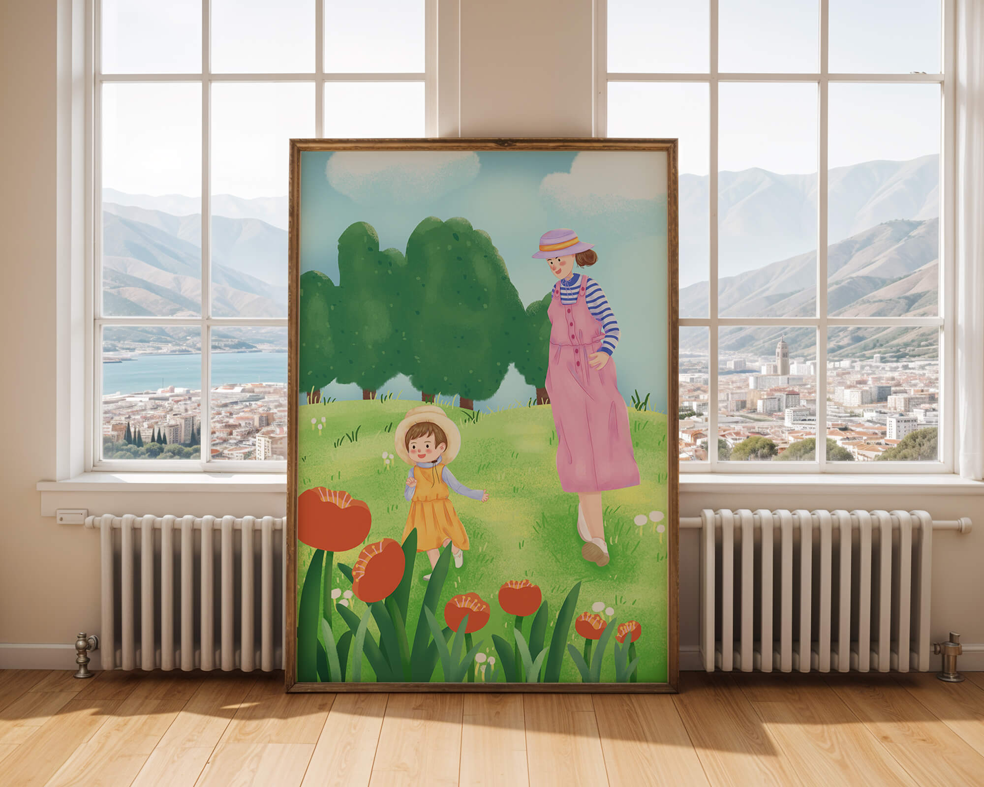 Mother and child in a floral garden under clear skies