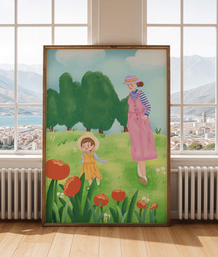 Mother and child in a floral garden under clear skies