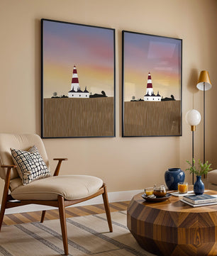 Lighthouse at Dusk with Colorful Sky and Field Landscape
