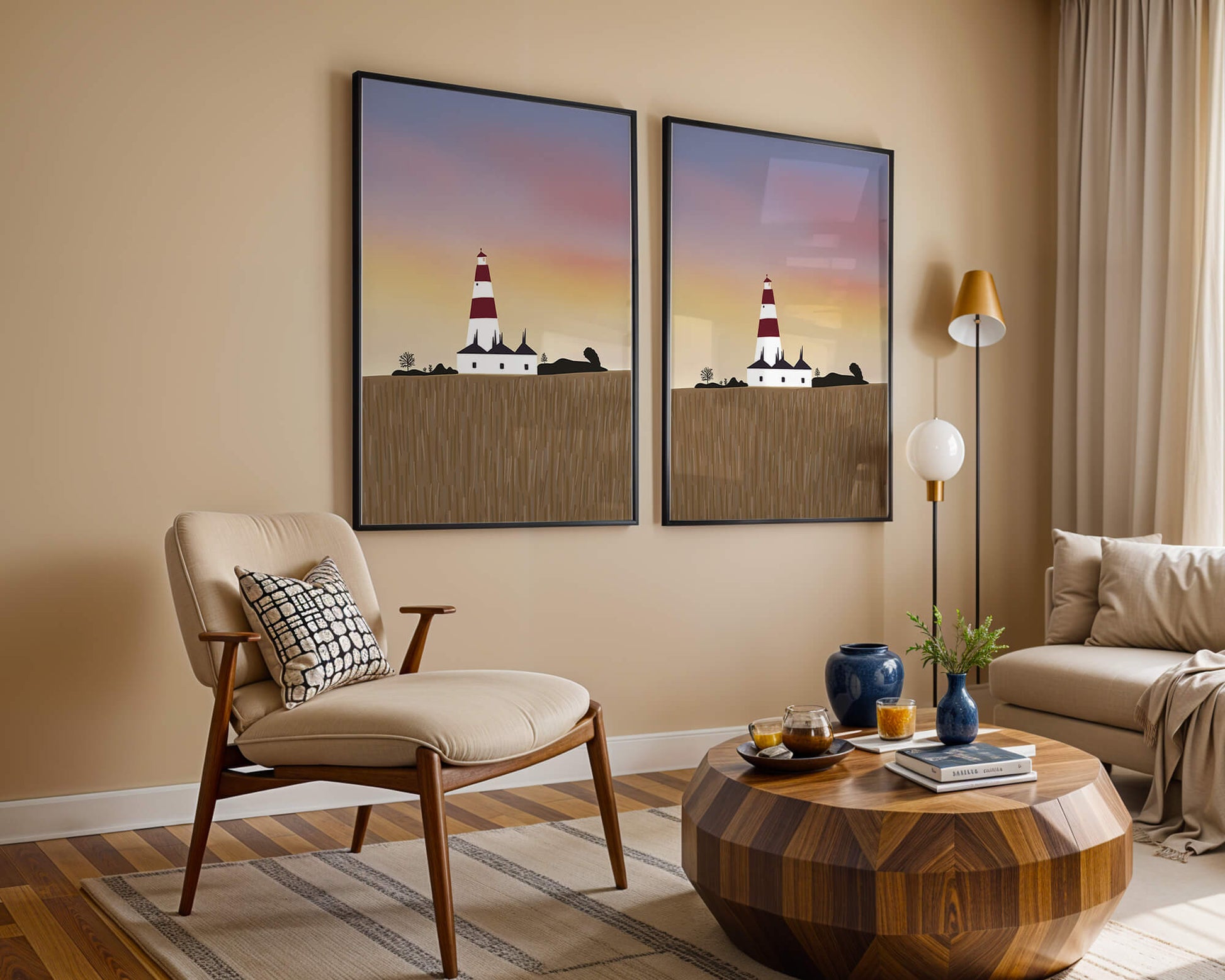 Lighthouse at Dusk with Colorful Sky and Field Landscape