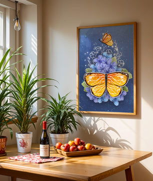 Bright butterfly with blue flowers on a starry background