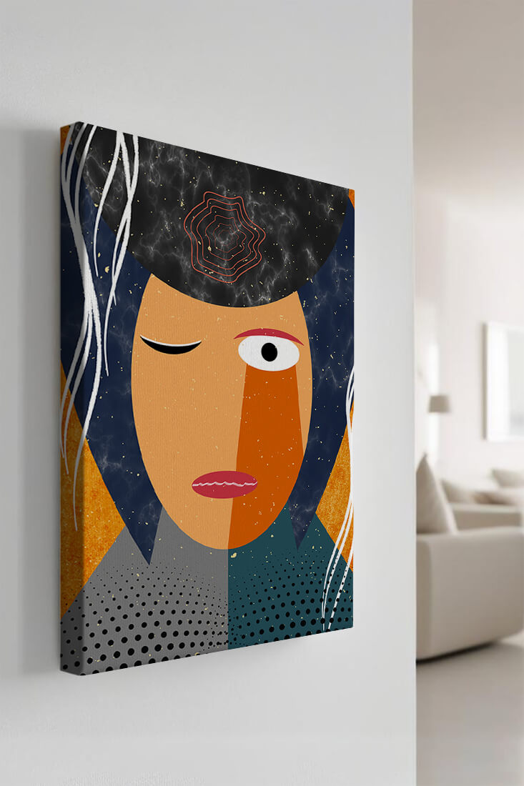 Abstract geometric portrait featuring vibrant colors and textures