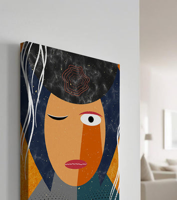 Abstract geometric portrait featuring vibrant colors and textures