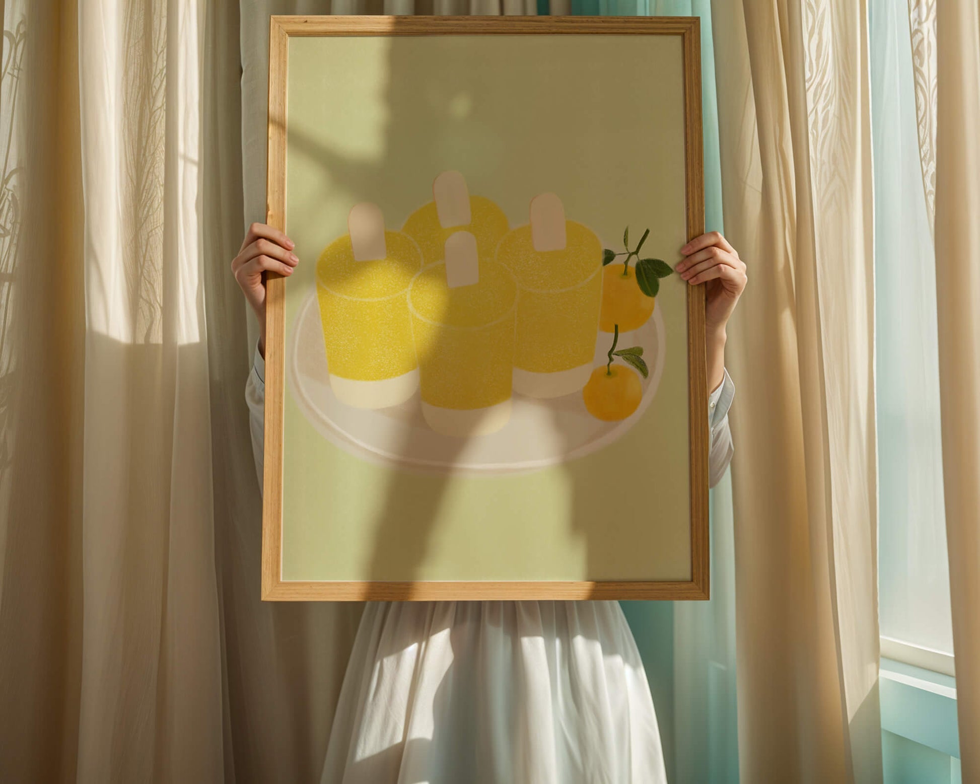 Illustration of yellow popsicles and oranges on a plate