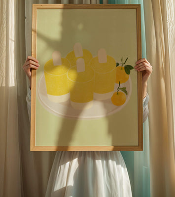 Illustration of yellow popsicles and oranges on a plate